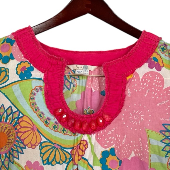 Boden Floral Beaded Neck 3/4 Sleeve Tunic Top Pink Green White Size 6 - Picture 6 of 12